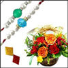 CZ Blue and Green Rakhis - JPRKC-101+ Mixed roses flower basket - Click here to View more details about this Product